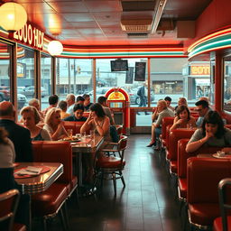 A captivating scene set in a retro diner, showcasing a vibrant 2010 atmosphere, with vintage decor and stylish retro furnishings