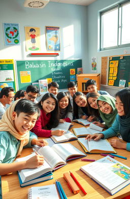 A vibrant, colorful and engaging classroom scene depicting a group of diverse 9th grade students studying together with their Indonesian language textbooks (buku paket bahasa Indonesia kelas 9) open on their desks