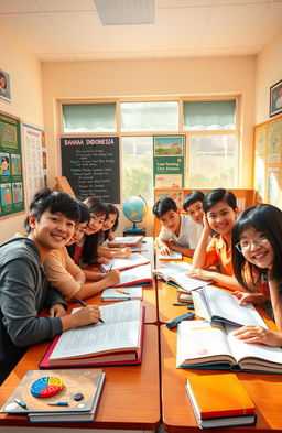 A vibrant, colorful and engaging classroom scene depicting a group of diverse 9th grade students studying together with their Indonesian language textbooks (buku paket bahasa Indonesia kelas 9) open on their desks