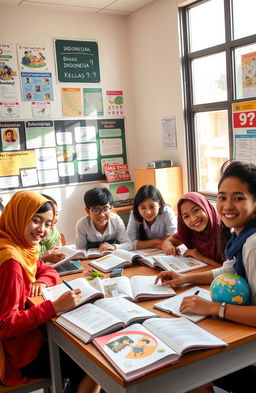 A vibrant, colorful and engaging classroom scene depicting a group of diverse 9th grade students studying together with their Indonesian language textbooks (buku paket bahasa Indonesia kelas 9) open on their desks