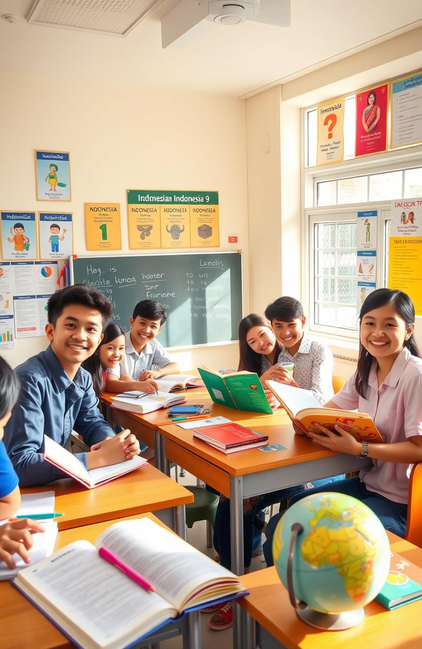 A vibrant, colorful and engaging classroom scene depicting a group of diverse 9th grade students studying together with their Indonesian language textbooks (buku paket bahasa Indonesia kelas 9) open on their desks