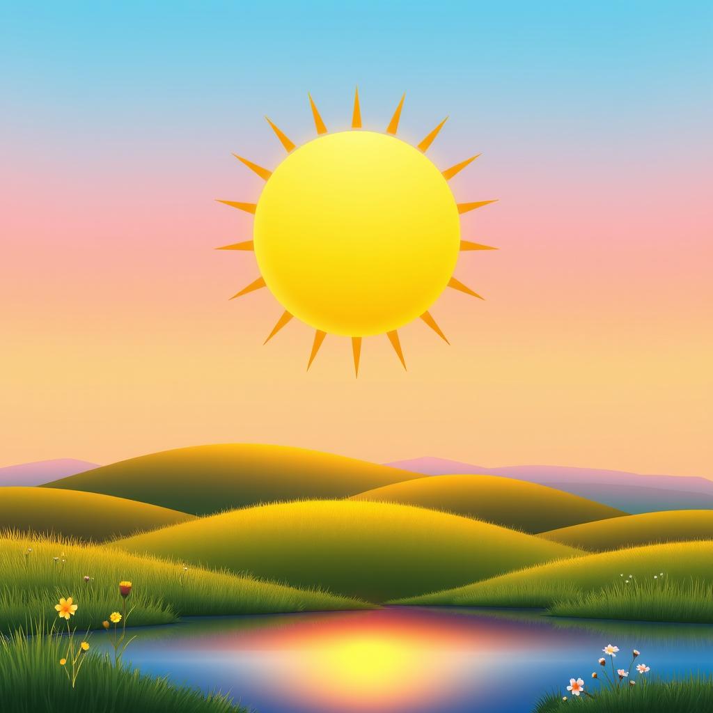 A vibrant and warm illustration of a sun rising over a tranquil landscape