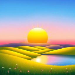A vibrant and warm illustration of a sun rising over a tranquil landscape