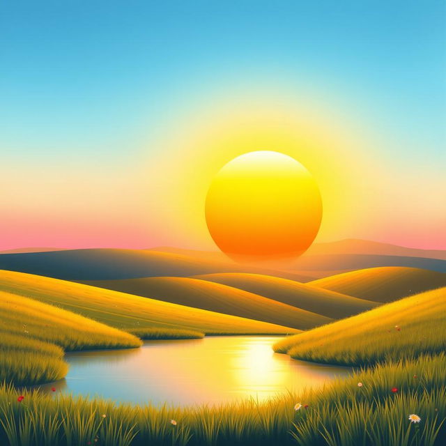 A vibrant and warm illustration of a sun rising over a tranquil landscape