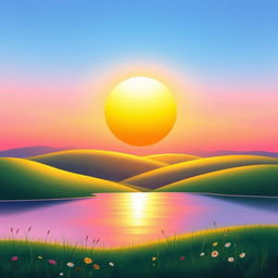 A vibrant and warm illustration of a sun rising over a tranquil landscape