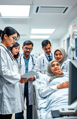 A dynamic scene set in a bustling hospital environment showcasing five doctors