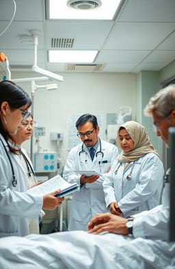 A dynamic scene set in a bustling hospital environment showcasing five doctors