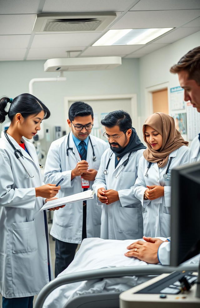 A dynamic scene set in a bustling hospital environment showcasing five doctors