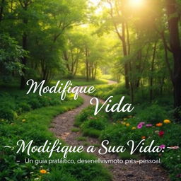 A serene and inspiring landscape featuring a winding path through a lush green forest, with soft sunlight filtering through the leaves