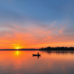 A stunning sunrise over a tranquil lake, with vibrant orange and pink hues reflecting on the water's surface