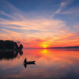 A stunning sunrise over a tranquil lake, with vibrant orange and pink hues reflecting on the water's surface