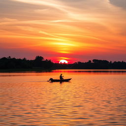 A stunning sunrise over a tranquil lake, with vibrant orange and pink hues reflecting on the water's surface