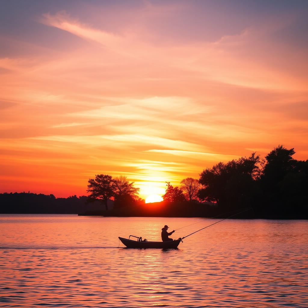 A stunning sunrise over a tranquil lake, with vibrant orange and pink hues reflecting on the water's surface