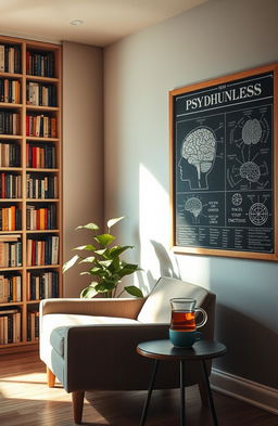 A thought-provoking and visually stimulating representation of psychology concepts, featuring a serene room with a comfortable armchair, a large bookshelf filled with psychology books, and a peaceful atmosphere