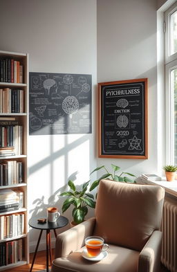 A thought-provoking and visually stimulating representation of psychology concepts, featuring a serene room with a comfortable armchair, a large bookshelf filled with psychology books, and a peaceful atmosphere
