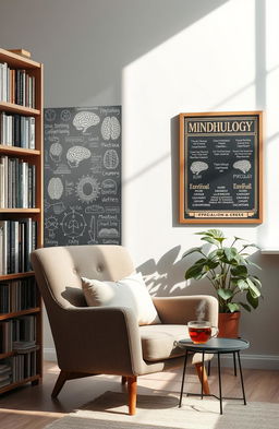 A thought-provoking and visually stimulating representation of psychology concepts, featuring a serene room with a comfortable armchair, a large bookshelf filled with psychology books, and a peaceful atmosphere