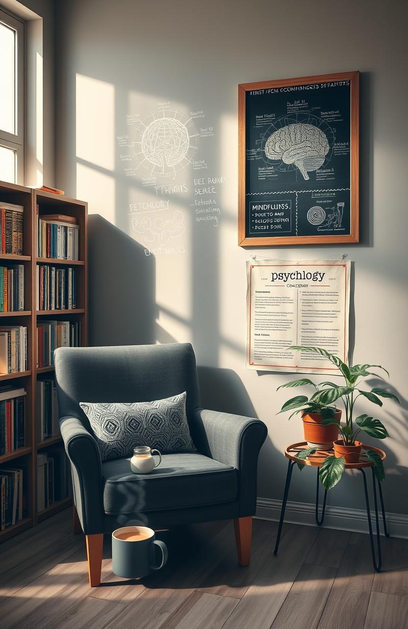 A thought-provoking and visually stimulating representation of psychology concepts, featuring a serene room with a comfortable armchair, a large bookshelf filled with psychology books, and a peaceful atmosphere