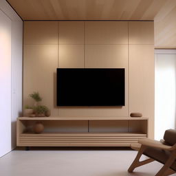 Design a simple modern wall in a living room with dimensions 14ft x 10ft, featuring a 3.5ft x 7ft entrance and an integrated tv unit. The style should be minimalistic.