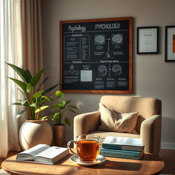 A thought-provoking and visually engaging representation of psychology, showcasing a tranquil therapy room filled with calming elements