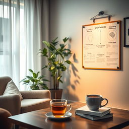 A thought-provoking and visually engaging representation of psychology, showcasing a tranquil therapy room filled with calming elements