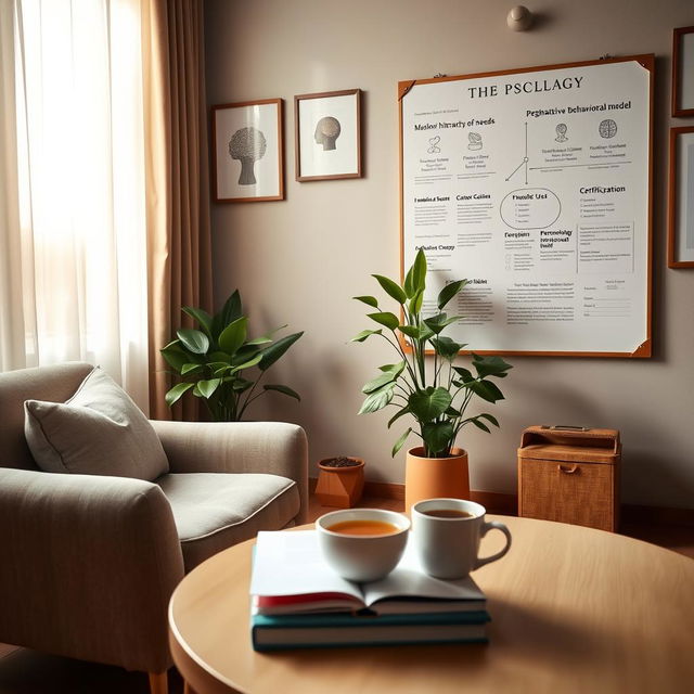 A thought-provoking and visually engaging representation of psychology, showcasing a tranquil therapy room filled with calming elements