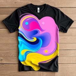 A stylish and trendy T-shirt design featuring a vibrant, colorful abstract pattern with swirling shapes and gradients of blue, pink, and yellow