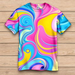 A stylish and trendy T-shirt design featuring a vibrant, colorful abstract pattern with swirling shapes and gradients of blue, pink, and yellow