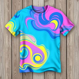 A stylish and trendy T-shirt design featuring a vibrant, colorful abstract pattern with swirling shapes and gradients of blue, pink, and yellow