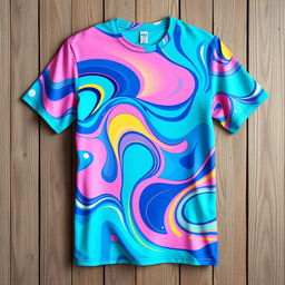 A stylish and trendy T-shirt design featuring a vibrant, colorful abstract pattern with swirling shapes and gradients of blue, pink, and yellow