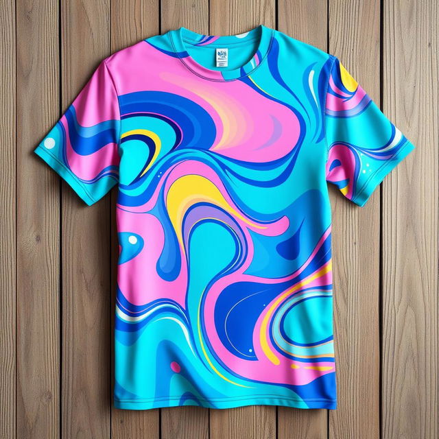 A stylish and trendy T-shirt design featuring a vibrant, colorful abstract pattern with swirling shapes and gradients of blue, pink, and yellow