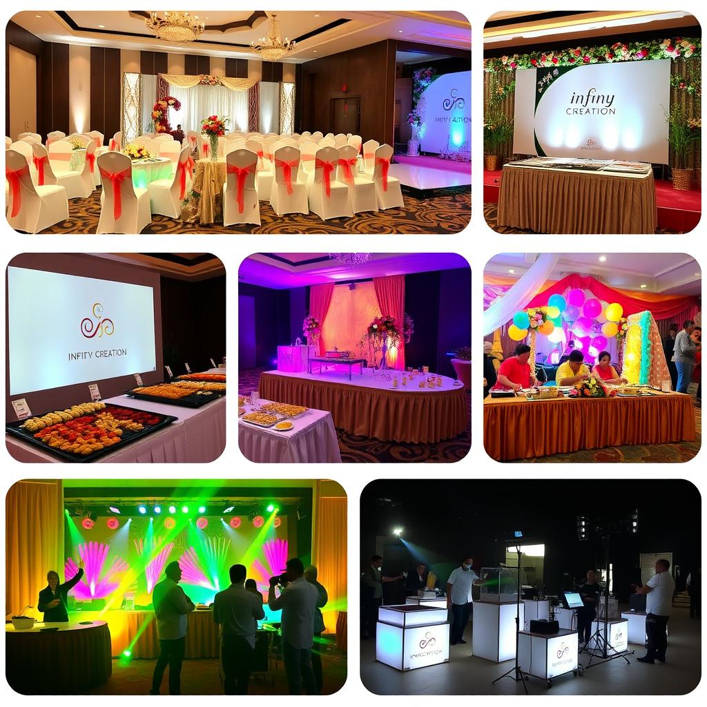 A series of professional images showcasing the creativity and expertise of Infinity Creation, a company specializing in comprehensive event planning and management