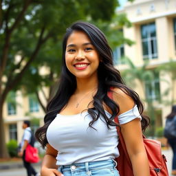 A beautiful Indonesian university student with large, round breasts, radiating confidence and charm