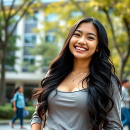 A beautiful Indonesian university student with large, round breasts, radiating confidence and charm