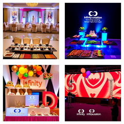 A series of professional images showcasing the creativity and expertise of Infinity Creation, a company specializing in event planning and management, without featuring any people