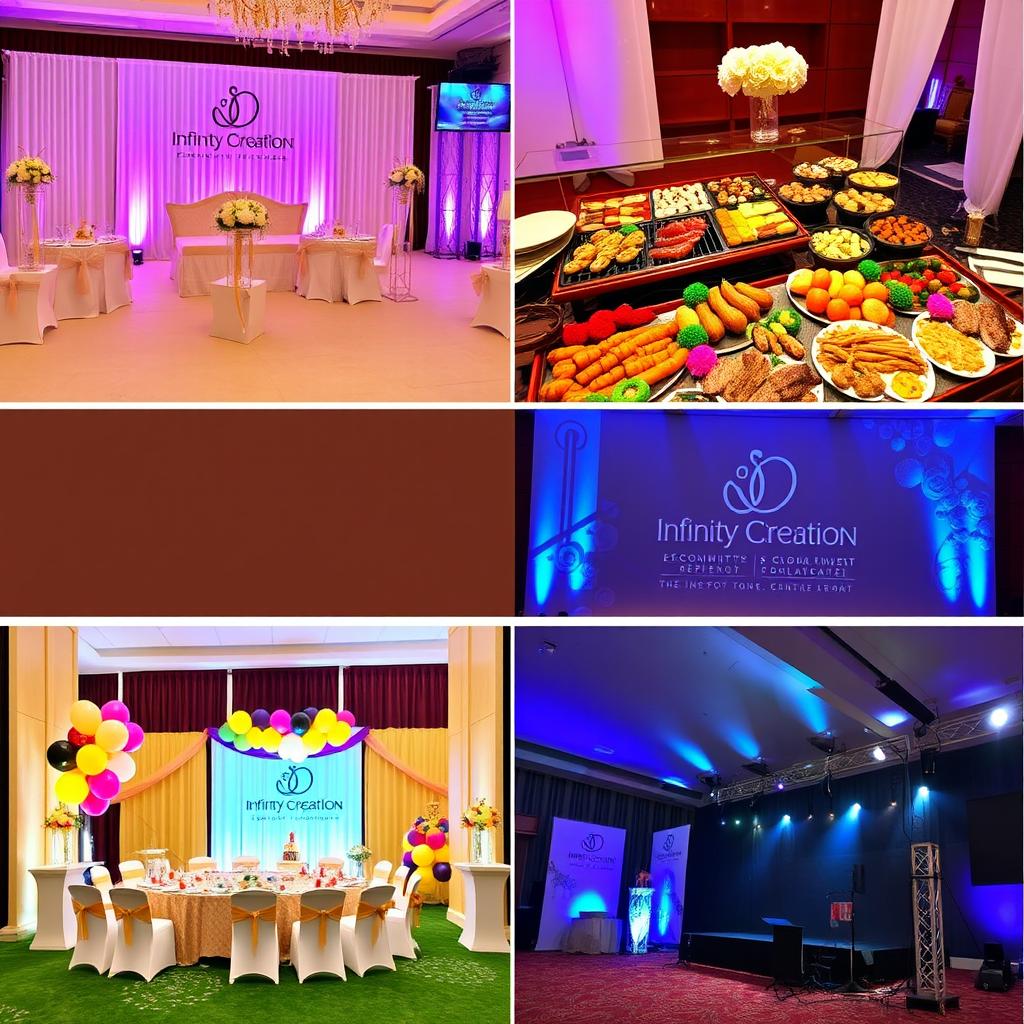 A series of professional images showcasing the creativity and expertise of Infinity Creation, a company specializing in event planning and management, without featuring any people