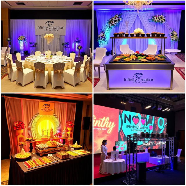 A series of professional images showcasing the creativity and expertise of Infinity Creation, a company specializing in event planning and management, without featuring any people