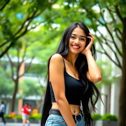 A stunning Indonesian university student with large, round breasts, exuding confidence and playfulness