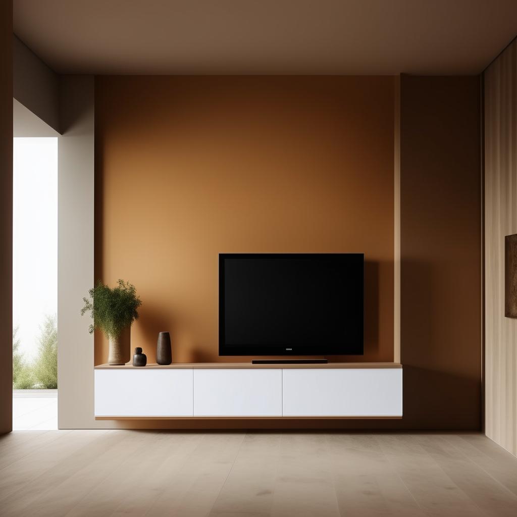 Design a simple modern wall in a living room with dimensions 14ft x 10ft, featuring a 3.5ft x 7ft entrance and an integrated tv unit. The style should be minimalistic.