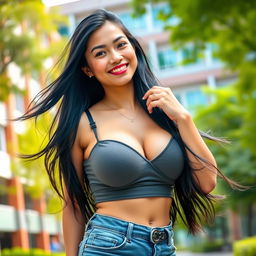 A stunning Indonesian university student with large, round breasts, exuding confidence and playfulness