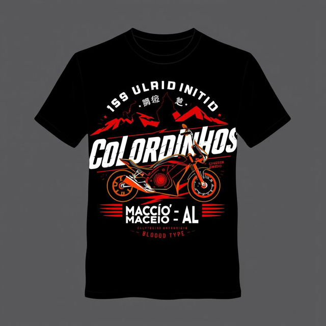 Create a T-shirt design for a motorcycle group called **Coloridinhos**, based in **Maceió-AL**