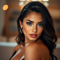 A close-up artistic shot of a confident and alluring woman with captivating features, accentuated curves, and flawless skin