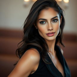A close-up artistic shot of a confident and alluring woman with captivating features, accentuated curves, and flawless skin