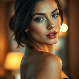 A close-up artistic shot of a confident and alluring woman with captivating features, accentuated curves, and flawless skin