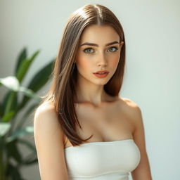 A stunning woman with straight shoulder-length brown hair and pale white skin