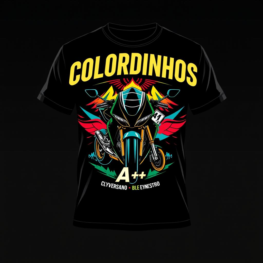 Create a striking T-shirt design for a motorcycle group named **Coloridinhos**, based in **Maceió-AL**