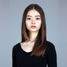 A full-body portrait of a girl standing confidently, with a height of 172 cm and weight of 43 kg