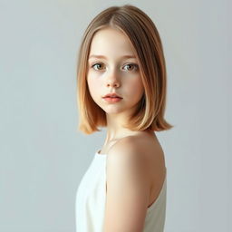 A full-body portrait of a girl standing confidently, with a height of 172 cm and weight of 43 kg
