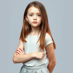 A full-body portrait of a girl standing confidently, with a height of 172 cm and weight of 43 kg