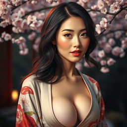 A stunning depiction of a beautiful Japanese woman with alluring features, highlighted by her elegant posture