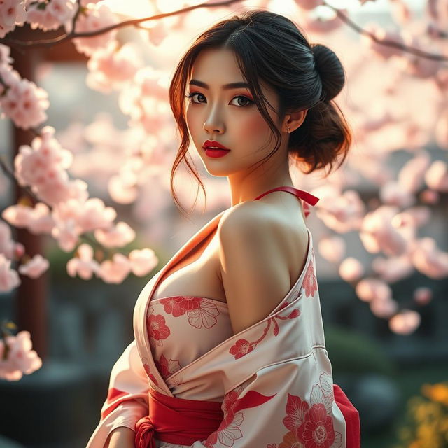 A stunning depiction of a beautiful Japanese woman with alluring features, highlighted by her elegant posture